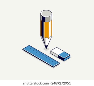 Education concept icon or logo, 3D isometric pencil with other elements vector illustration, student study learning in college or university, technical and engineering education.