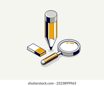 Education concept icon or logo, 3D isometric pencil with other elements vector illustration, student study learning in college or university, technical and engineering education.