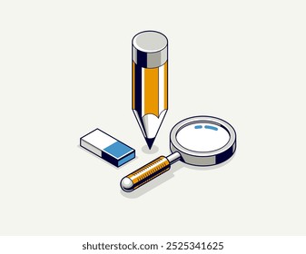 Education concept icon or logo, 3D isometric pencil with other elements vector illustration, student study learning in college or university, technical and engineering education.