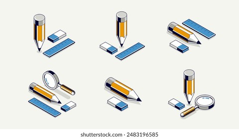 Education concept icon or logo set, 3D isometric pencil with other elements vector illustration, student study learning in college or university, technical and engineering education.