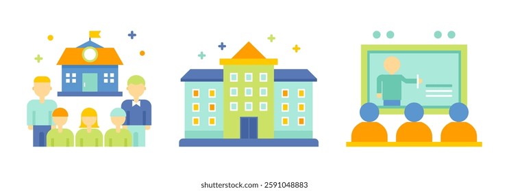 Education concept icons illustrations set. Back to school. People in classroom, school building, learning. Teacher is giving a lesson to the students.