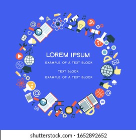 Education concept. Icons of objects are arranged in a circle. In the middle is a place for text.