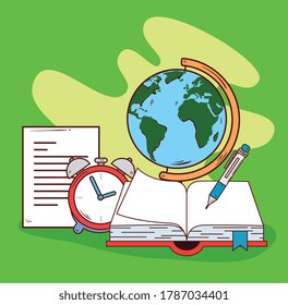 education concept icons, open book, world planet with alarm clock vector illustration design