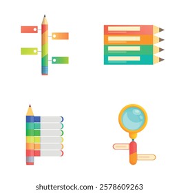 Education concept icons set cartoon vector. Colorful pencil and magnifying glass. Learning, training