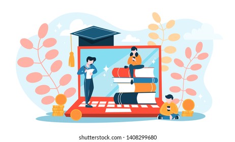 Education concept. Idea of distance learning and knowledge. Study online. Modern digital tehnology. Vector illustration in cartoon style