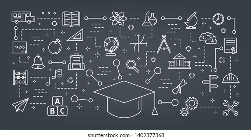 Education concept. Idea of learning and knowledge. Study online. Set of colorful icons with graduation cap. Isolated flat illustration