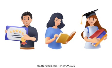 Education concept illustration in 3D style. Students who are doing various studies and students who have received degrees. Education literature, learning, knowledge, bacl to school