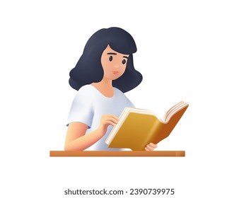 Education concept illustration 3D. Woman vector illustrations education, learning, reading book, online course and training, Back to school. Woman holding an open book and reading