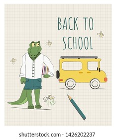 Education concept  illustration. Back to school. Children's drawing concept. Crocodile goes to school.  Vector flat cartoon illustration.