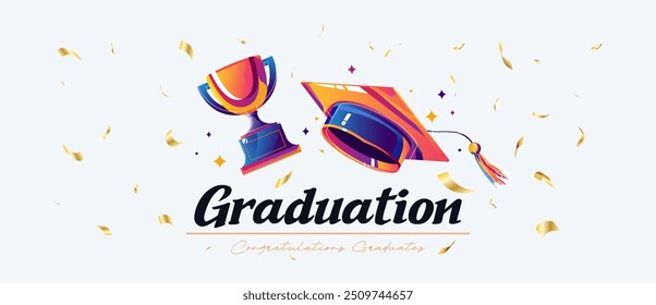 Ilustración de concepto de Educación. Graduación, felicitaciones Graduados. El diseño contiene Elementos de una gorra de graduación y trofeo de premio aislados sobre un fondo blanco. Celebración del día de graduación