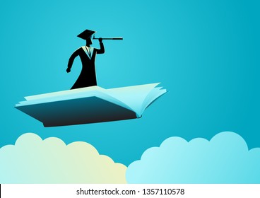 Education concept illustration of man with toga using telescope on flying book, knowledge, references, opportunity, vision concept