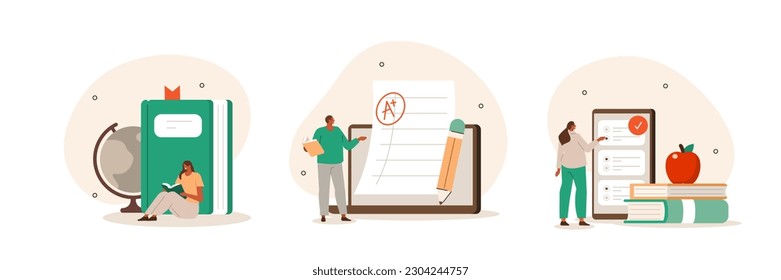 Education concept illustration set. Student characters successfully studying with book on educational platform, selecting answers for exam test and achieving good results. Vector illustration.