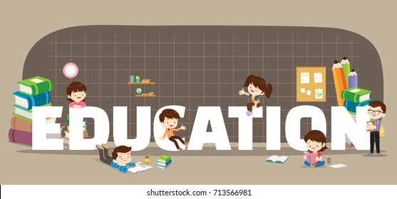Education concept illustration of Students Boy and Girl Reading and learning various actions with elements in classroom around big Letter.