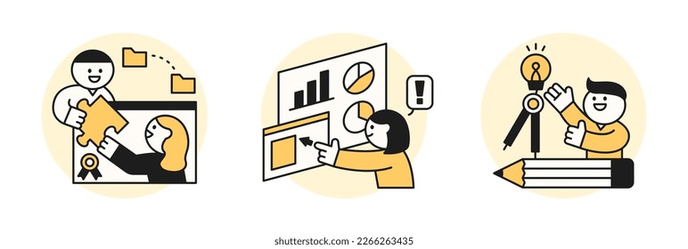 Education concept illustration. Students are getting information online, analyzing with graphs and thinking creatively.