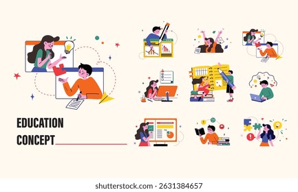 Ilustrações do conceito de educação. Mega set. Coleção de cenas com homens e mulheres que participam em atividades educacionais.