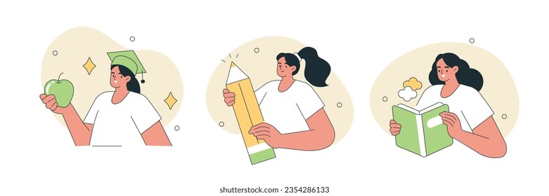 Education concept illustrations set. Collections of girl characters studying with educational books and successfully graduated from school or university. Vector illustration
