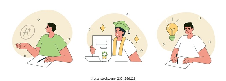 Education concept illustrations set. Collections of boy characters studying with educational books and successfully graduated from school or university. Vector illustration
