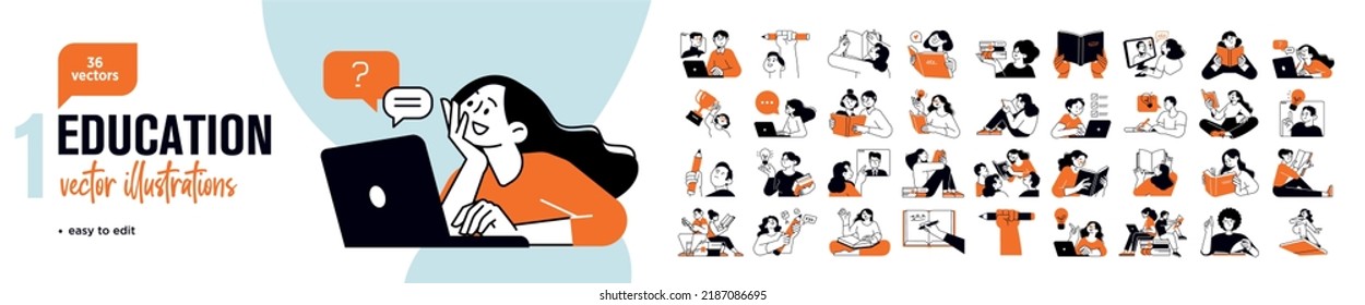 Education concept illustrations. Set of people vector illustrations in various activities of education, learning, reading book, online course and training, back to school. - Shutterstock ID 2187086695