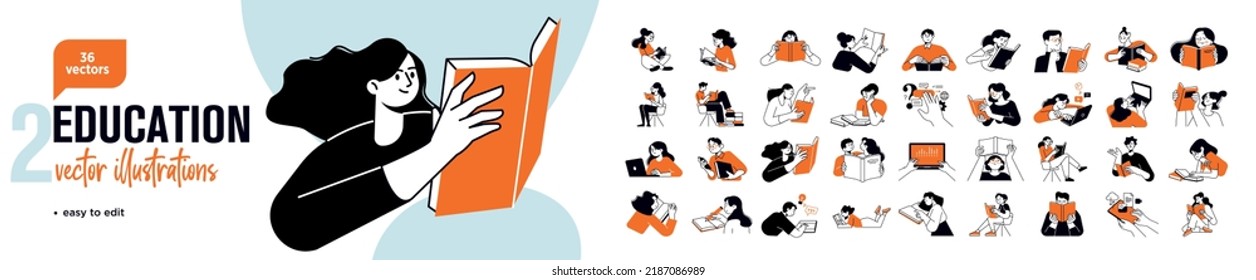 Education concept illustrations. Set of people vector illustrations in various activities of education, learning, reading book, online course and training, back to school.