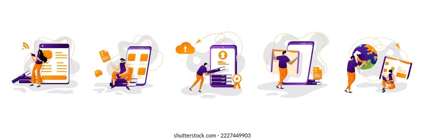 Ilustraciones del concepto de educación. Conjunto de ilustraciones vectoriales de personas en diversas actividades de educación, aprendizaje, lectura de libros y curso en línea.