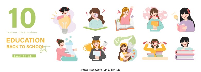 Education concept illustrations. Set of people vector illustrations in various activities of education, learning, reading book, online course and training, back to school..