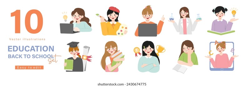 Education concept illustrations. Set of people vector illustrations in various activities of education, learning, reading book, online course and training, back to school..