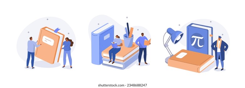 Education concept illustrations set. Students solving homework tasks together, preparing to exam, studying with book on various subjects. Vector illustration