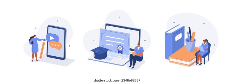 Education concept illustrations set. Students studying with book online on educational platform and achieving graduate certificate or diploma. Vector illustration