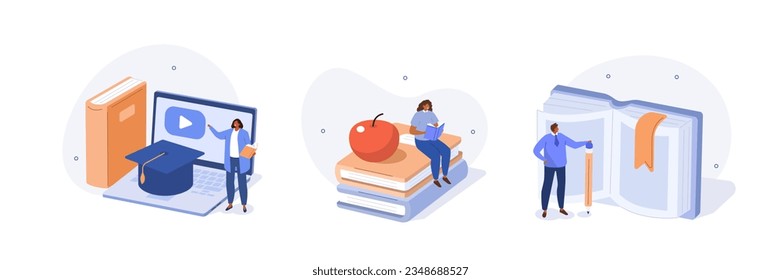 Education concept illustrations set. Students studying with book and learning online on educational platform. Vector illustration