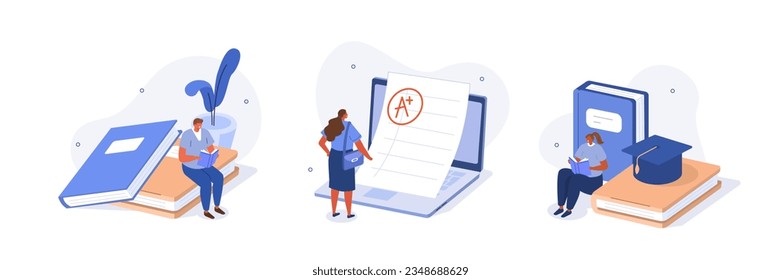 Education concept illustrations set. Students preparing to exam, studying with book and successfully solving test. Vector illustration