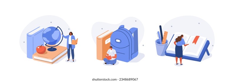 Education concept illustrations set. Students preparing to start a new academic year and studying with book on various subjects. Vector illustration
