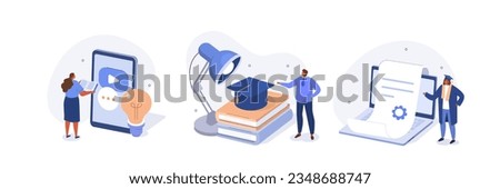 Education concept illustrations set. Students studying with book online on educational platform and achieving academic certificate or diploma. Vector illustration