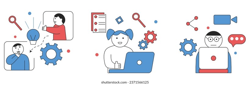 Education concept illustration.Student characters conduct online classes, communicate via video link and find new solutions in a team.Vector illustrations.