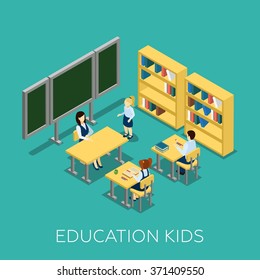 Education concept with kids and school on blue background isometric vector illustration 