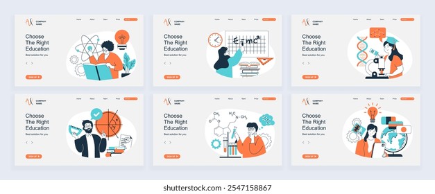 Conceito educacional de página inicial com modelos de slide definidos em design plano. Cabeçalhos do site com pessoas aprendendo ciência, lendo livros, brainstorming, fazendo testes em laboratório. Ilustrações vetoriais.