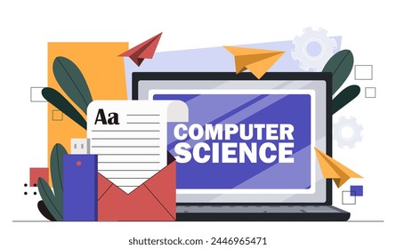 IT education concept. Laptop with computer science inscription. Distant learning and training. Online coursees and master classes. Cartoon flat vector illustration isolated on white background
