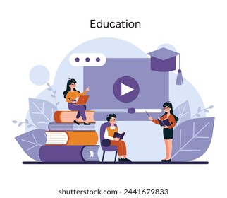 Education concept. Learners engage with digital and traditional resources for academic advancement. E-learning session in progress, highlighting modern educational methods. Vector illustration
