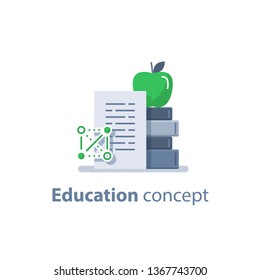 Education concept, learning course, stack of books and apple on top, accomplishment, vector flat icon