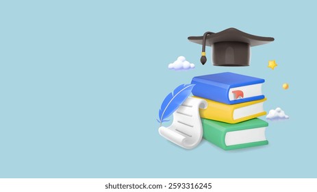 Education concept. Learning design with books, graduation cap and diploma scroll 3d cartoon. Study symbol, back to school, sciences, higher education. Vector illustration