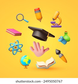 Education concept. Learning design with graduate hat, human hand and symbols of sciences