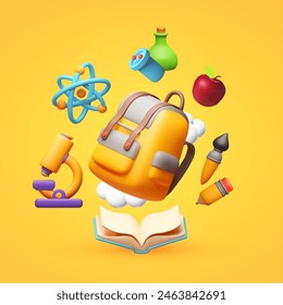 Education concept. Learning design with School bag and symbols of sciences