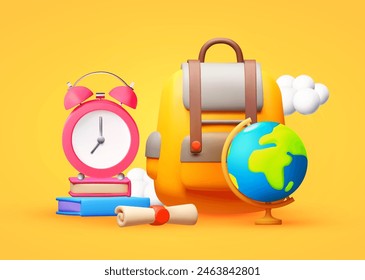 Education concept. Learning design with School bag, books, globe and alarm clock. Back to school design.