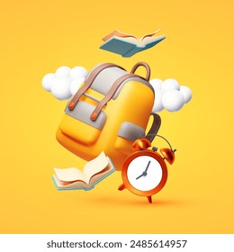 Education concept. Learning design with School bag, flying books and alarm clock. Back to school design.