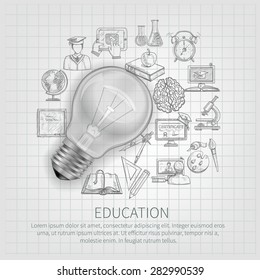 Education concept with learning sketch icons and realistic lightbulb vector illustration