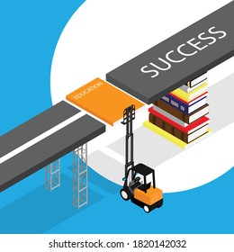 Bildungskonzept. Loader heben Buch und Stapel von Büchern hält Straße des Erfolgs. Isometrische Sicht. Vektorgrafik