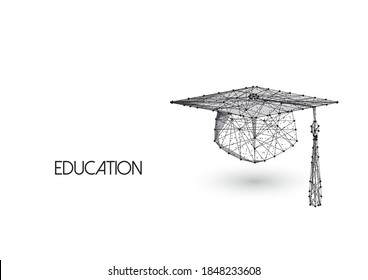 Education concept with low polygonal graduation hat isolated on white background. Academic study, online learning banner. Modern wire frame mesh design vector illustration.