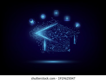 Education concept. Low polygonal wireframe graduation cap on dark blue background with line and dot and e-learning icon. University success.