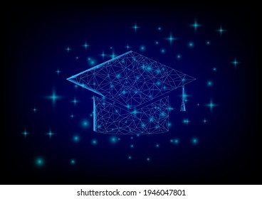 Education concept. Low polygonal wireframe graduation cap on dark blue background with line and dot and e-learning icon. University success.