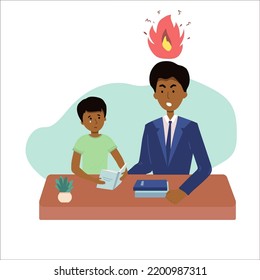 Education concept male teacher feeling angry to naughty schoolboy while standing. vector flat screaming at a child