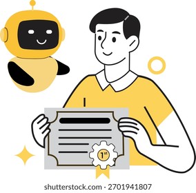 Bildungskonzept. Mann und intelligenter Roboter feiern einen ersten Preis mit Zertifikat, symbolisiert Kollaboration und Erfolg.